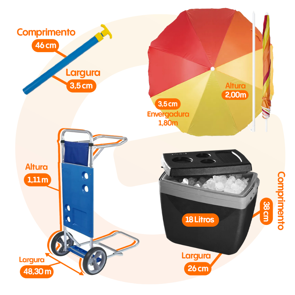 Kit Praia 4 Cadeiras Sortidas Reclinável + Guarda Sol Fashion + Saca Areia+ Carrinho+ Coller 18 Lts - 7