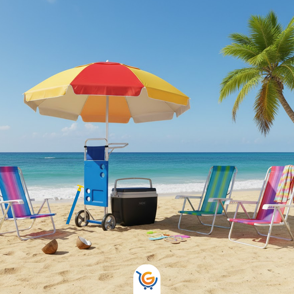 Kit Praia 4 Cadeiras Sortidas Reclinável + Guarda Sol Fashion + Saca Areia+ Carrinho+ Coller 18 Lts - 10