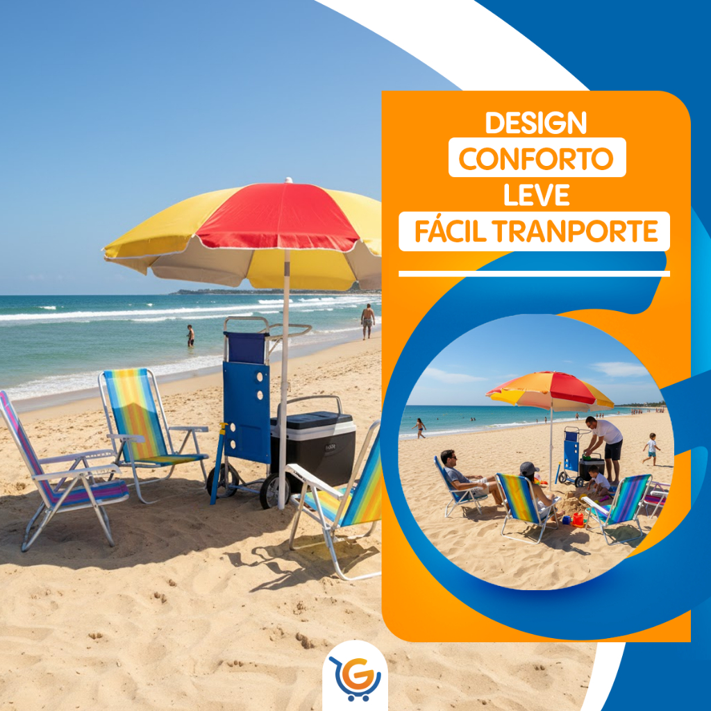 Kit Praia 4 Cadeiras Sortidas Reclinável + Guarda Sol Fashion + Saca Areia+ Carrinho+ Coller 18 Lts - 4